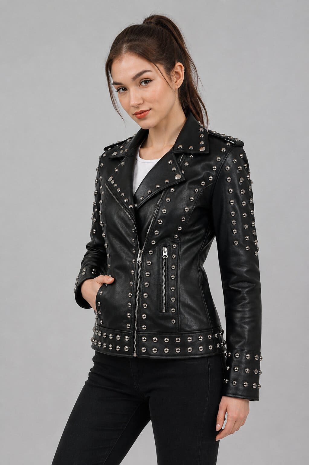 Women's Black Studded Leather Biker Jacket - Edgy Motorcycle Look front view by avanzar leather
