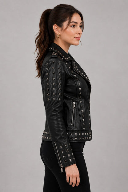 Women's Black Studded Leather Biker Jacket - Edgy Motorcycle Look sid view by avanzar leather