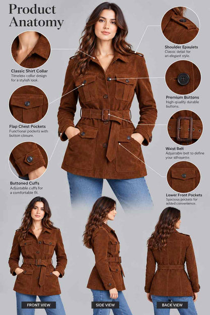 Women's Brown Suede Leather Belted Utility Jacket anatomy view by avanzar leather