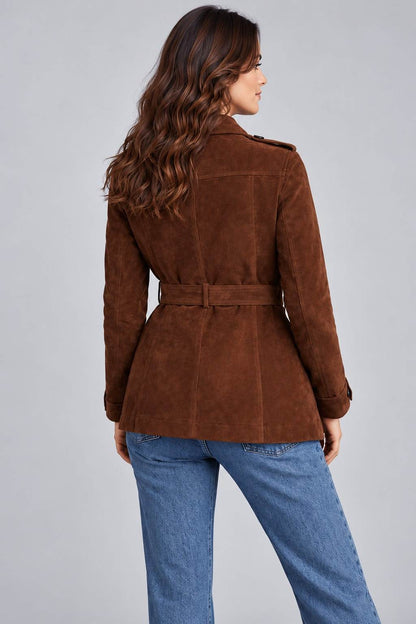 Women's Brown Suede Leather Belted Utility Jacket back view by avanzar leather