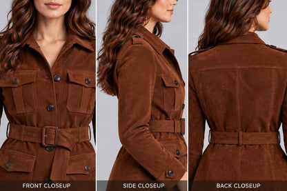 Women's Brown Suede Leather Belted Utility Jacket closeup view by avanzar leather