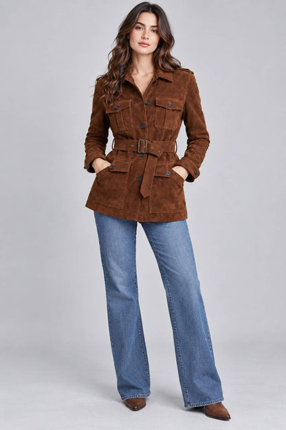 Women's Brown Suede Leather Belted Utility Jacket front view by avanzar leather