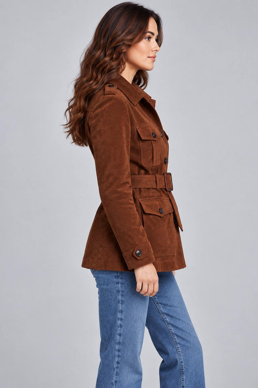 Women's Brown Suede Leather Belted Utility Jacket sid view by avanzar leather