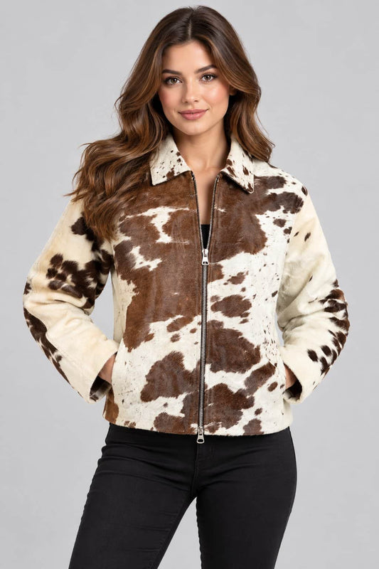 Women's Brown & White Hair-On Cowhide Leather Jacket front view by avanzar leather