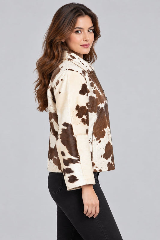 Women's Brown & White Hair-On Cowhide Leather Jacket sid view by avanzar leather
