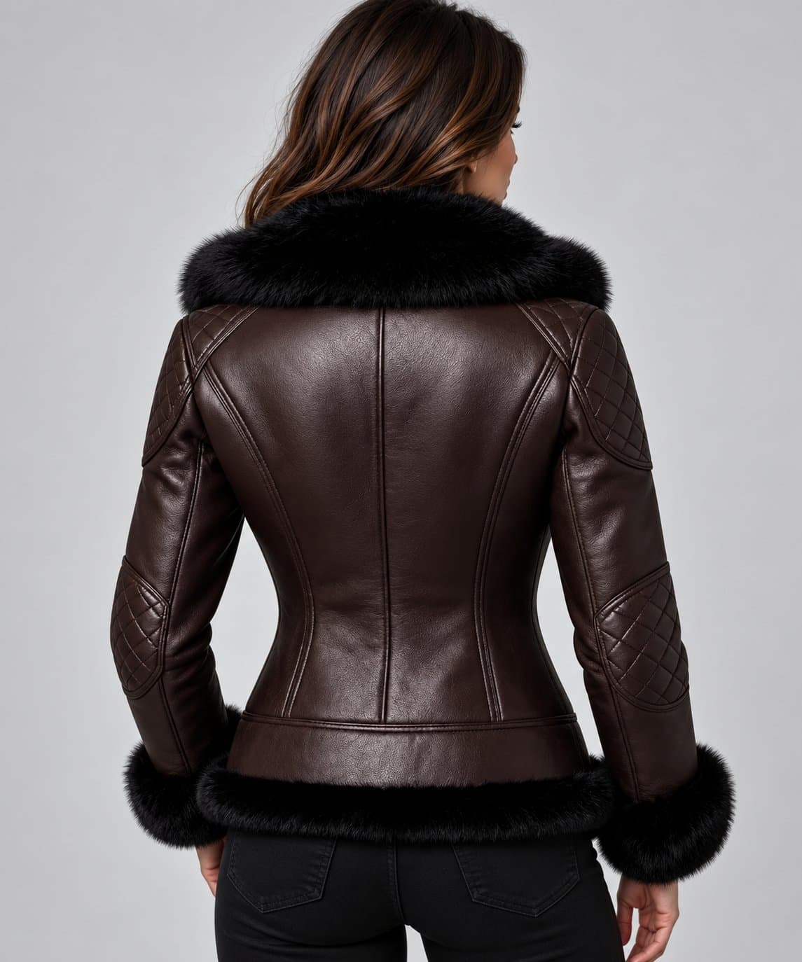 Women’s Coffee Brown Leather Aviator Jacket with Black Fur Lining back view by avanzar leather
