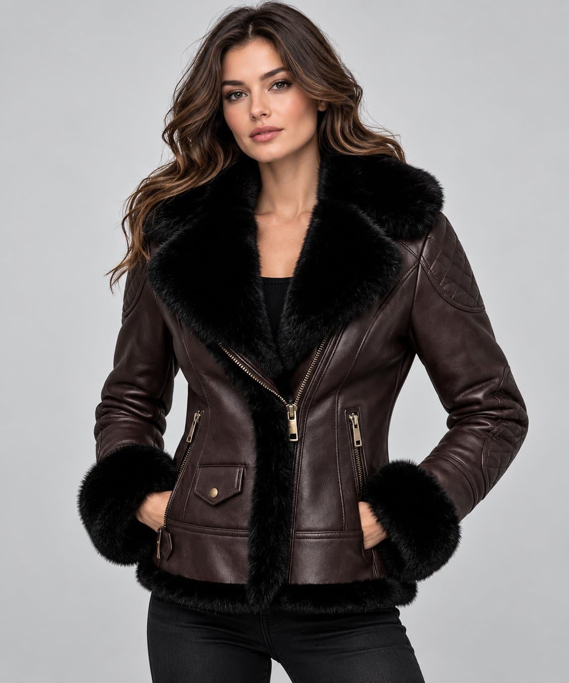 Women’s Coffee Brown Leather Aviator Jacket with Black Fur Lining front view by avanzar leather