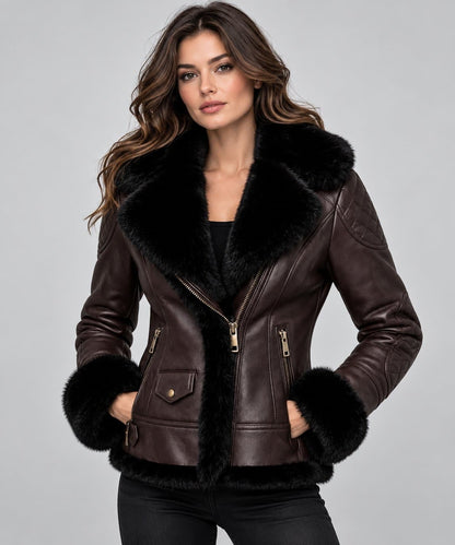Women’s Coffee Brown Leather Aviator Jacket with Black Fur Lining front view by avanzar leather