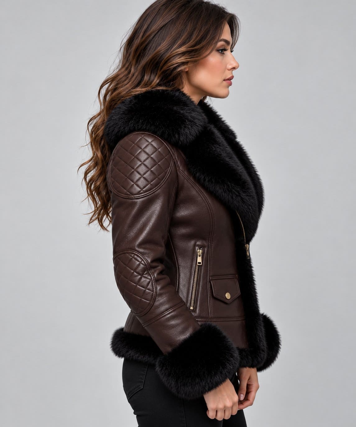 Women’s Coffee Brown Leather Aviator Jacket with Black Fur Lining sid view by avanzar leather