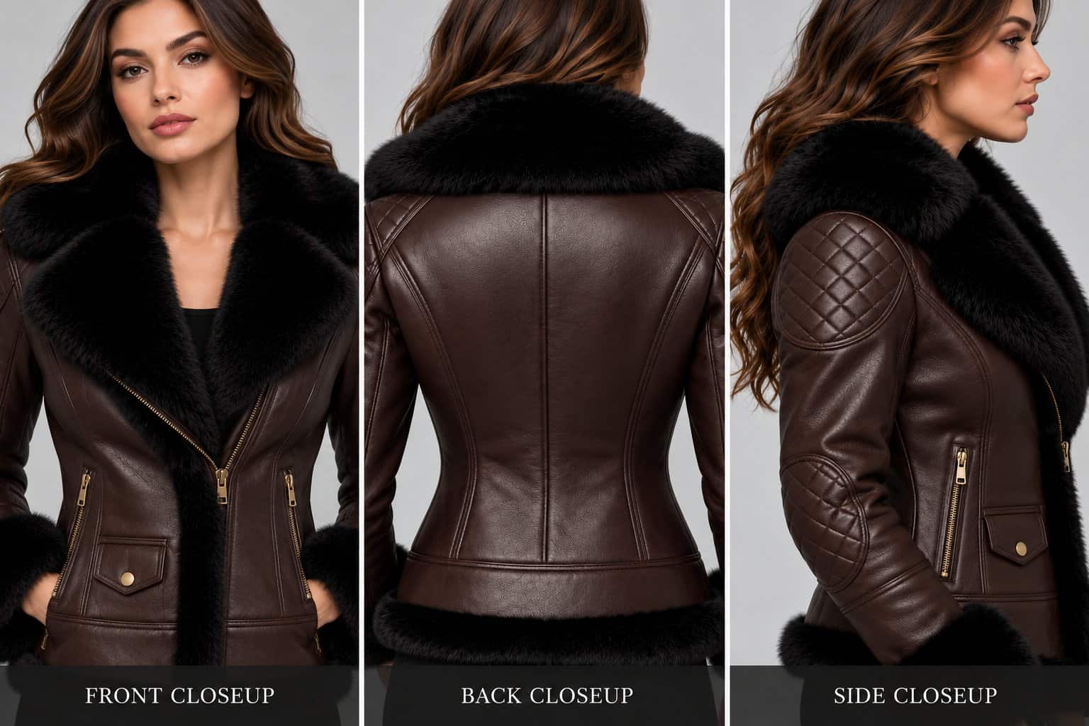 Women’s Coffee Brown Leather Aviator Jacket with closeup Fur Lining sid view by avanzar leather