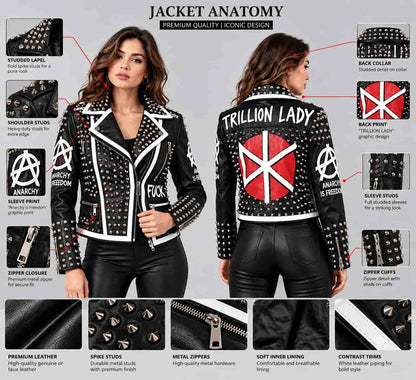 Women's Cropped Studded Leather Biker Jacket with Red Back Graphic anatomy view by avanzar leather