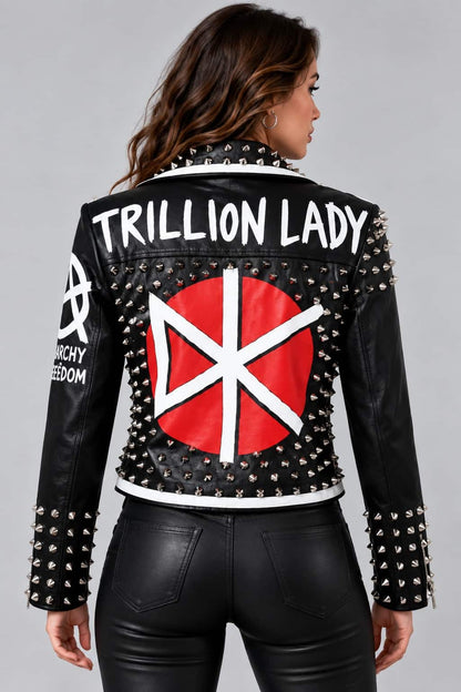 Women's Cropped Studded Leather Biker Jacket with Red Back Graphic back view by avanzar leather