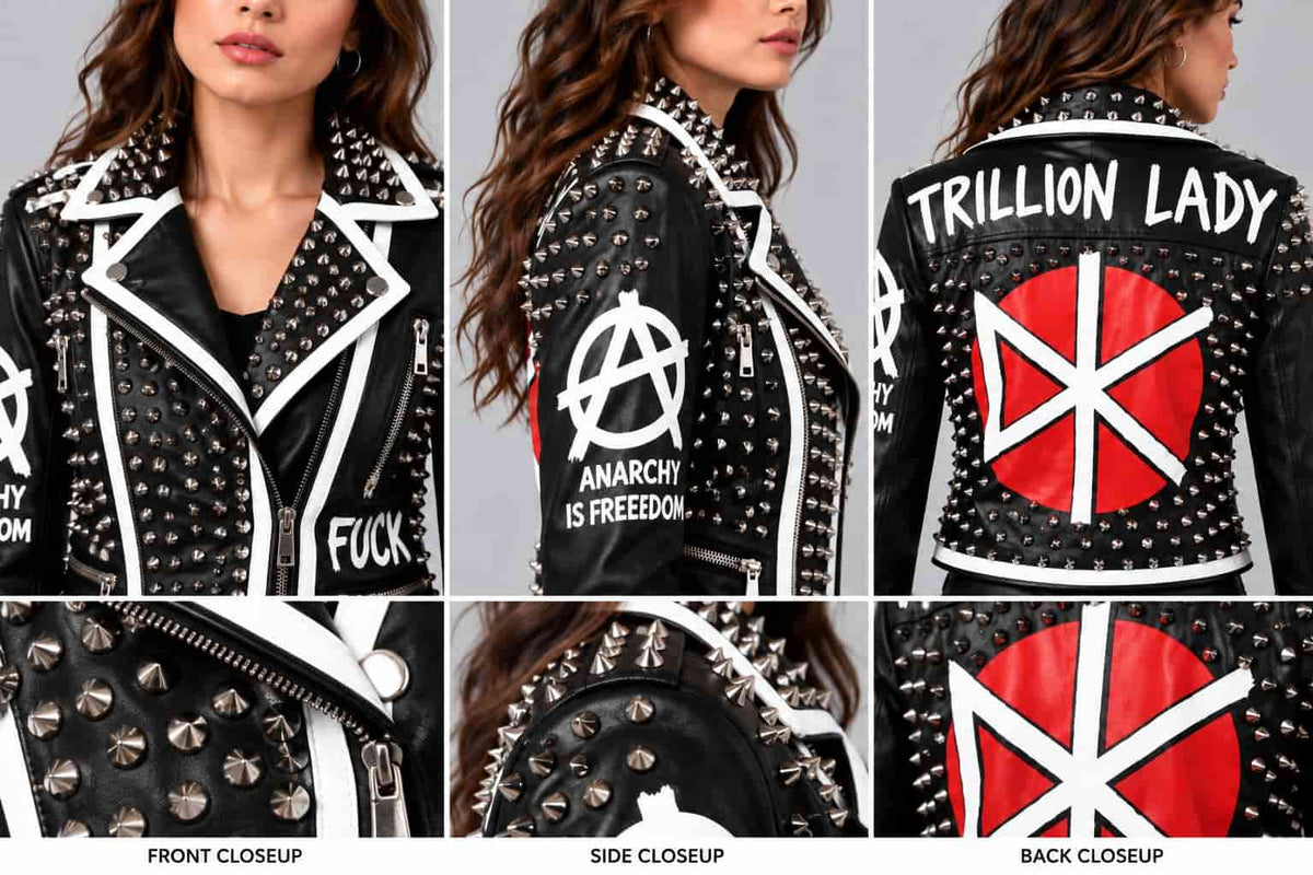 Women's Cropped Studded Leather Biker Jacket with Red Back Graphic closeup view by avanzar leather