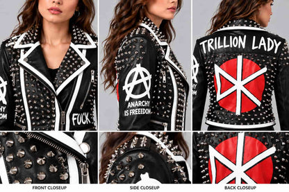 Women's Cropped Studded Leather Biker Jacket with Red Back Graphic closeup view by avanzar leather