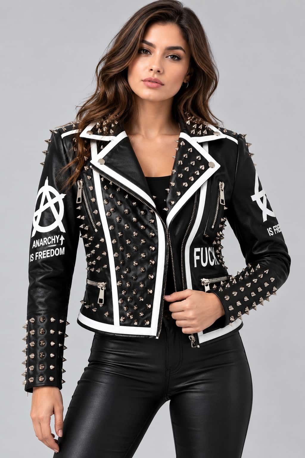 Women's Cropped Studded Leather Biker Jacket with Red Back Graphic front view by avanzar leather
