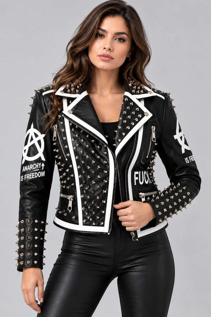 Women's Cropped Studded Leather Biker Jacket with Red Back Graphic front view by avanzar leather