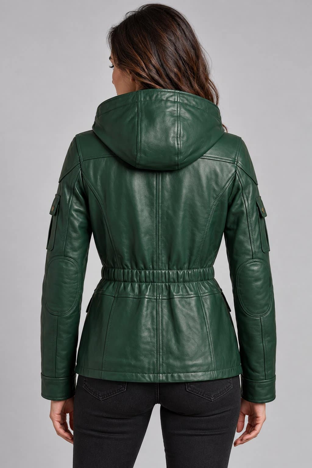 Women's Forest Green Genuine Leather Utility Jacket with Hood back view by avanzar leather