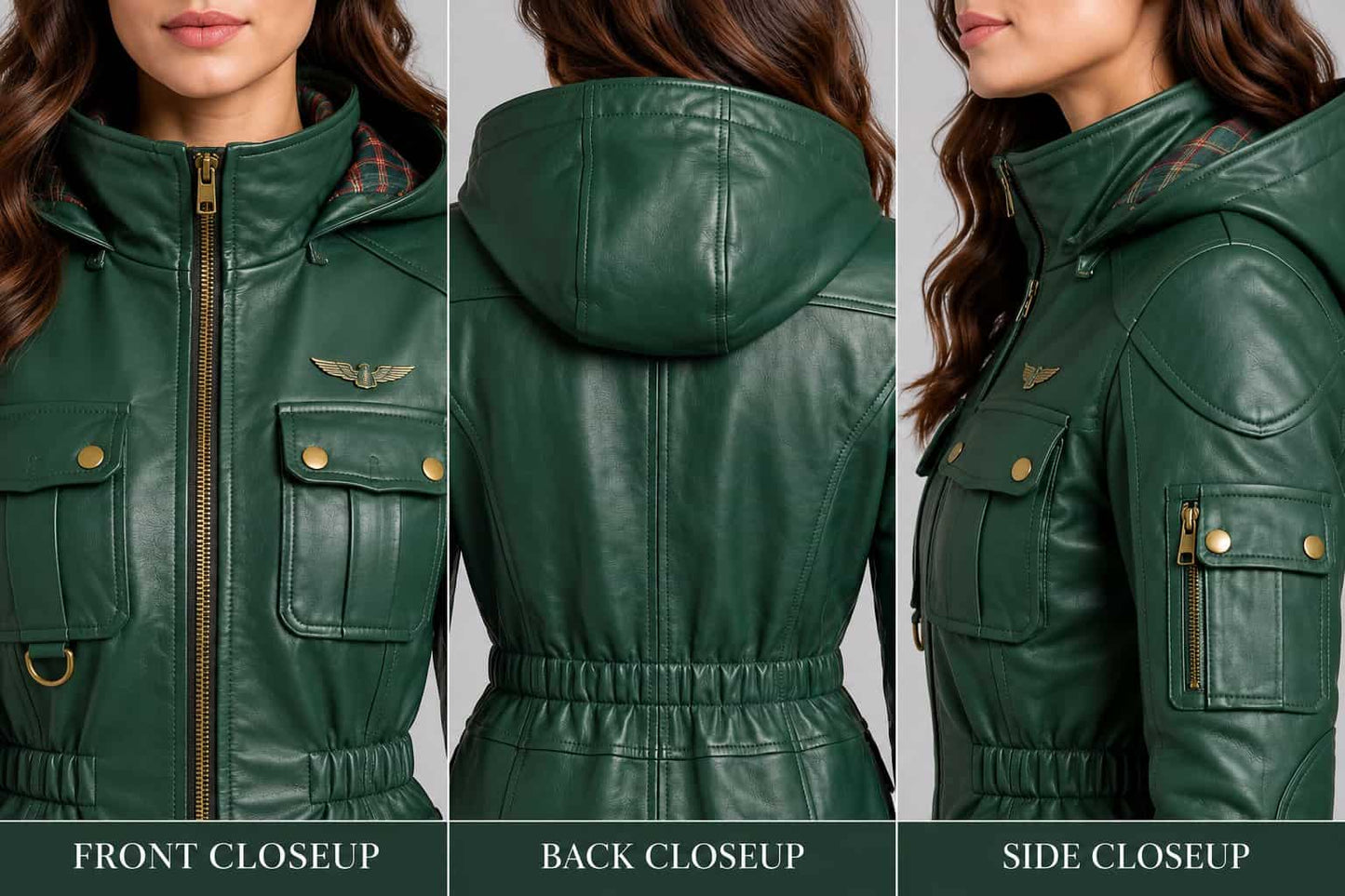 Women's Forest Green Genuine Leather Utility Jacket with Hood closeup view by avanzar leather