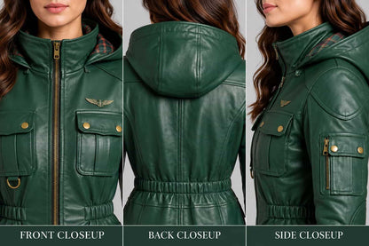 Women's Forest Green Genuine Leather Utility Jacket with Hood closeup view by avanzar leather