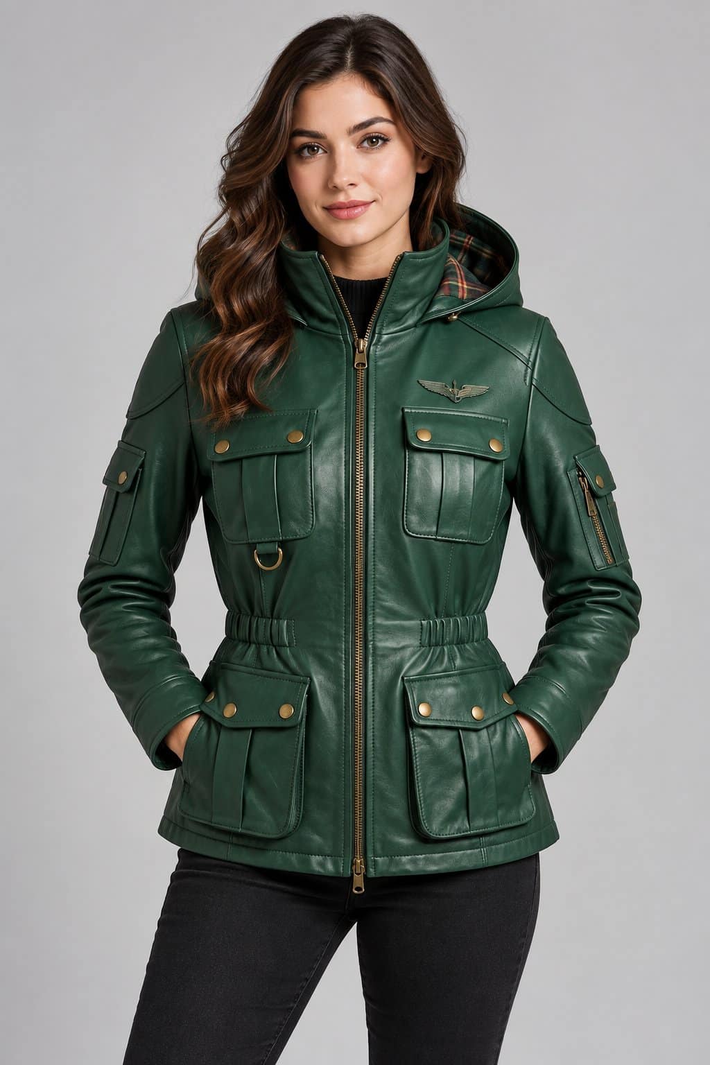 Women's Forest Green Genuine Leather Utility Jacket with Hood front view by avanzar leather