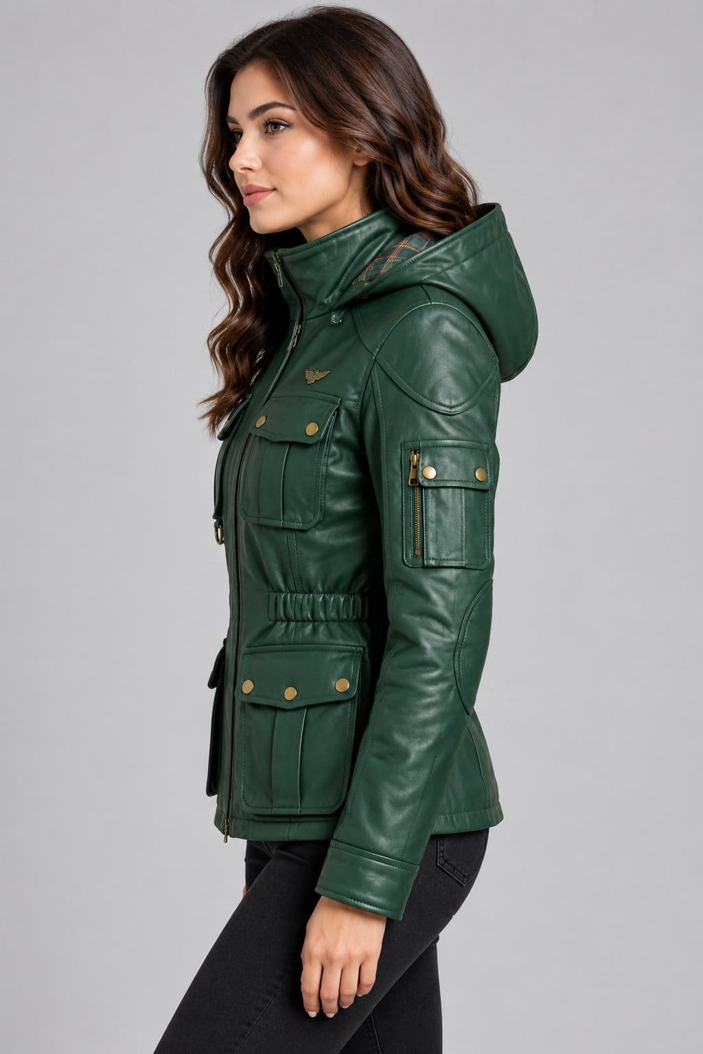 Women's Forest Green Genuine Leather Utility Jacket with Hood sid view by avanzar leather