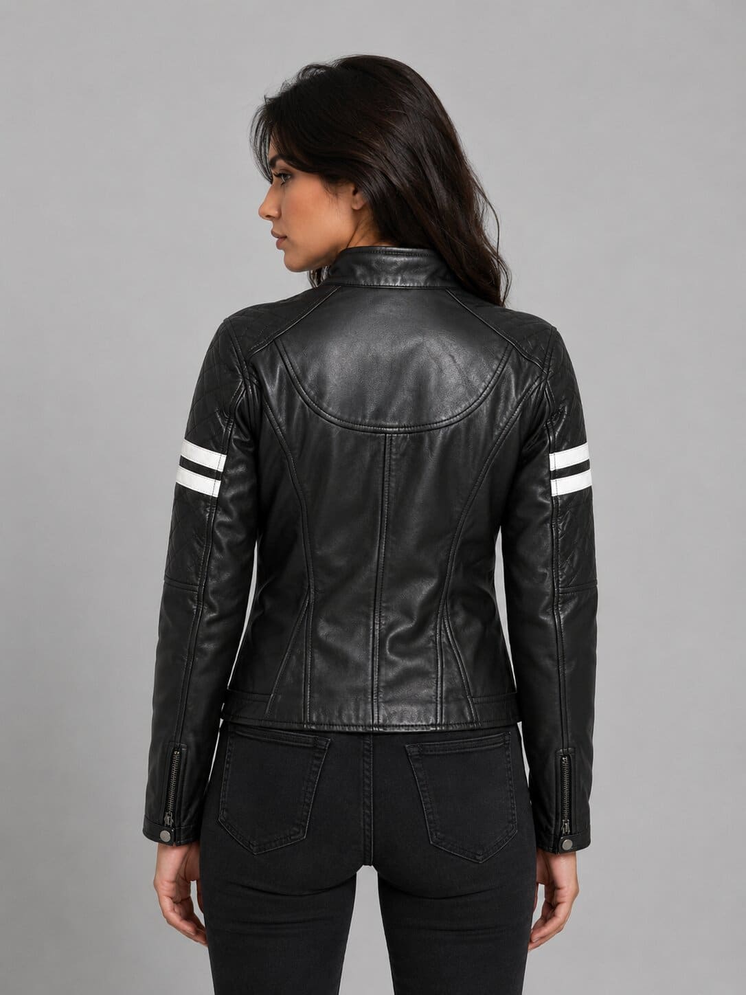 Women's Handmade Black Biker Leather Jacket - Sleek Slim Fit back view by avanzar leather