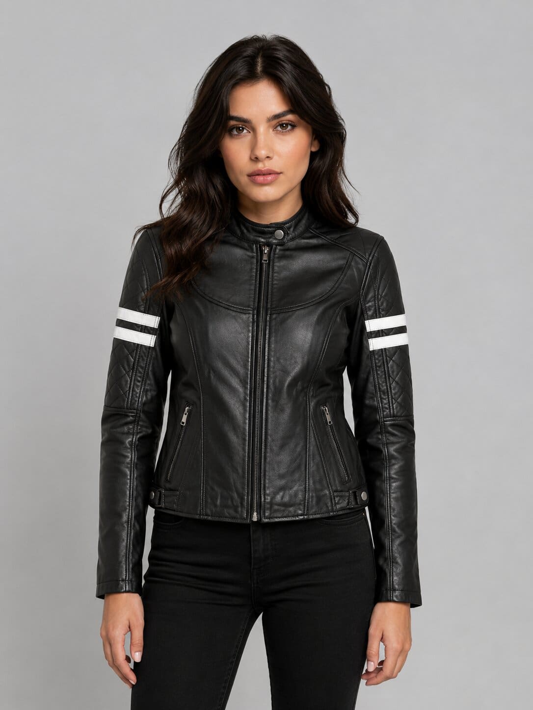 Women's Handmade Black Biker Leather Jacket - Sleek Slim Fit front view by avanzar leather