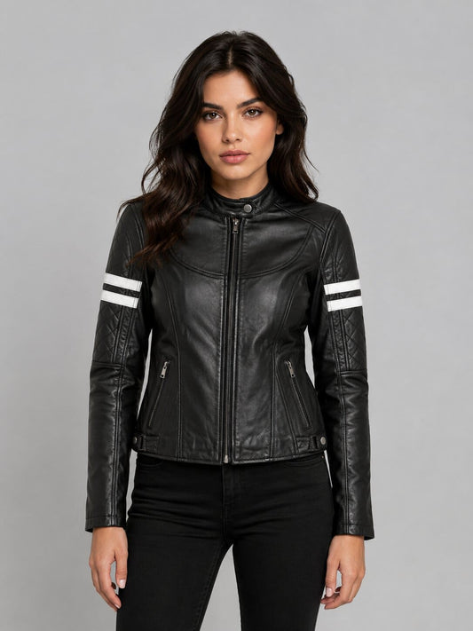 Women's Handmade Black Biker Leather Jacket - Sleek Slim Fit front view by avanzar leather