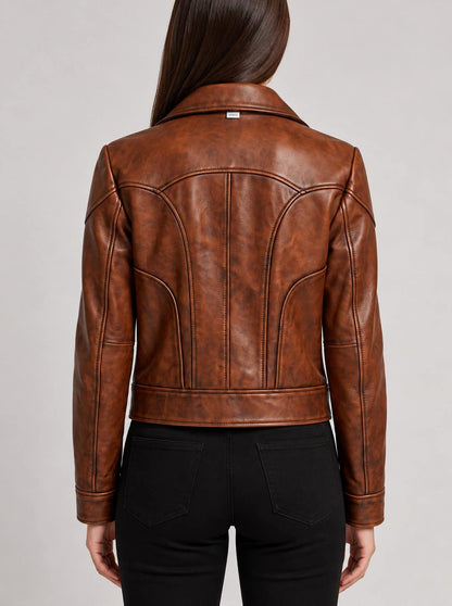 Women’s Handmade Brown Genuine Leather Cropped Biker Jacket back view by avanzar leather