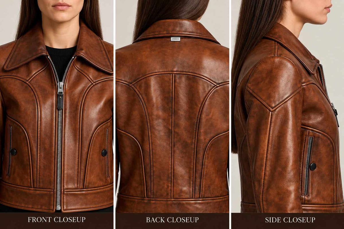 Women’s Handmade Brown Genuine Leather Cropped Biker Jacket closeup view by avanzar leather