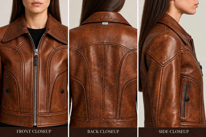 Women’s Handmade Brown Genuine Leather Cropped Biker Jacket closeup view by avanzar leather