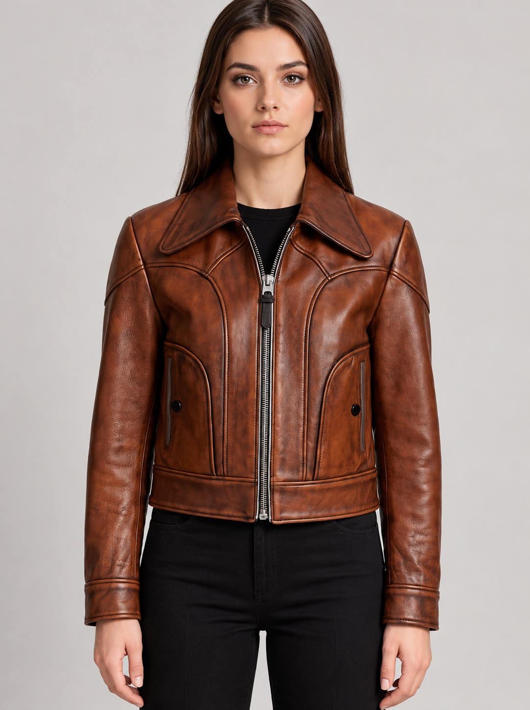 Women’s Handmade Brown Genuine Leather Cropped Biker Jacket front view by avanzar leather