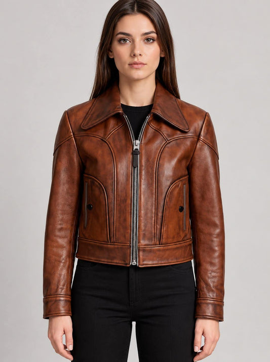 Women’s Handmade Brown Genuine Leather Cropped Biker Jacket front view by avanzar leather