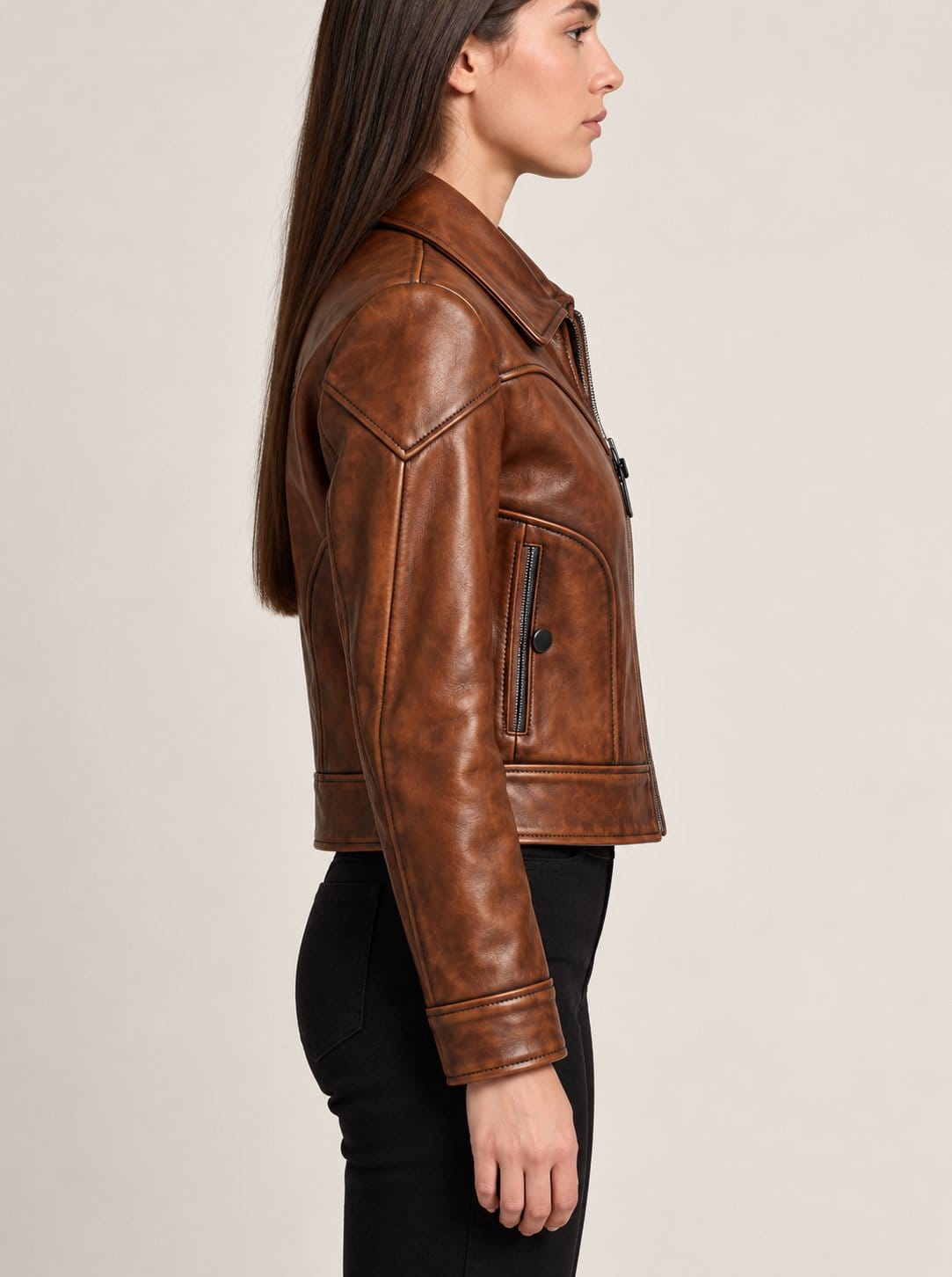 Women’s Handmade Brown Genuine Leather Cropped Biker Jacket sid view by avanzar leather