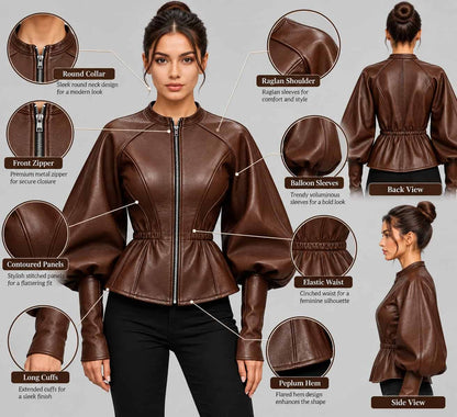 Women's Leather Peplum Jacket with Puff Sleeves anatomy view by avanzar leather