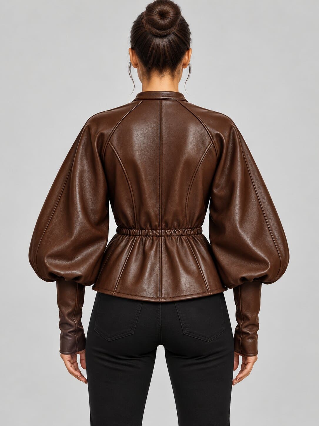 Women's Leather Peplum Jacket with Puff Sleeves back view by avanzar leather