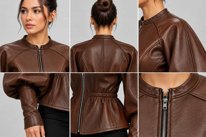 Women's Leather Peplum Jacket with Puff Sleeves closeup view by avanzar leather