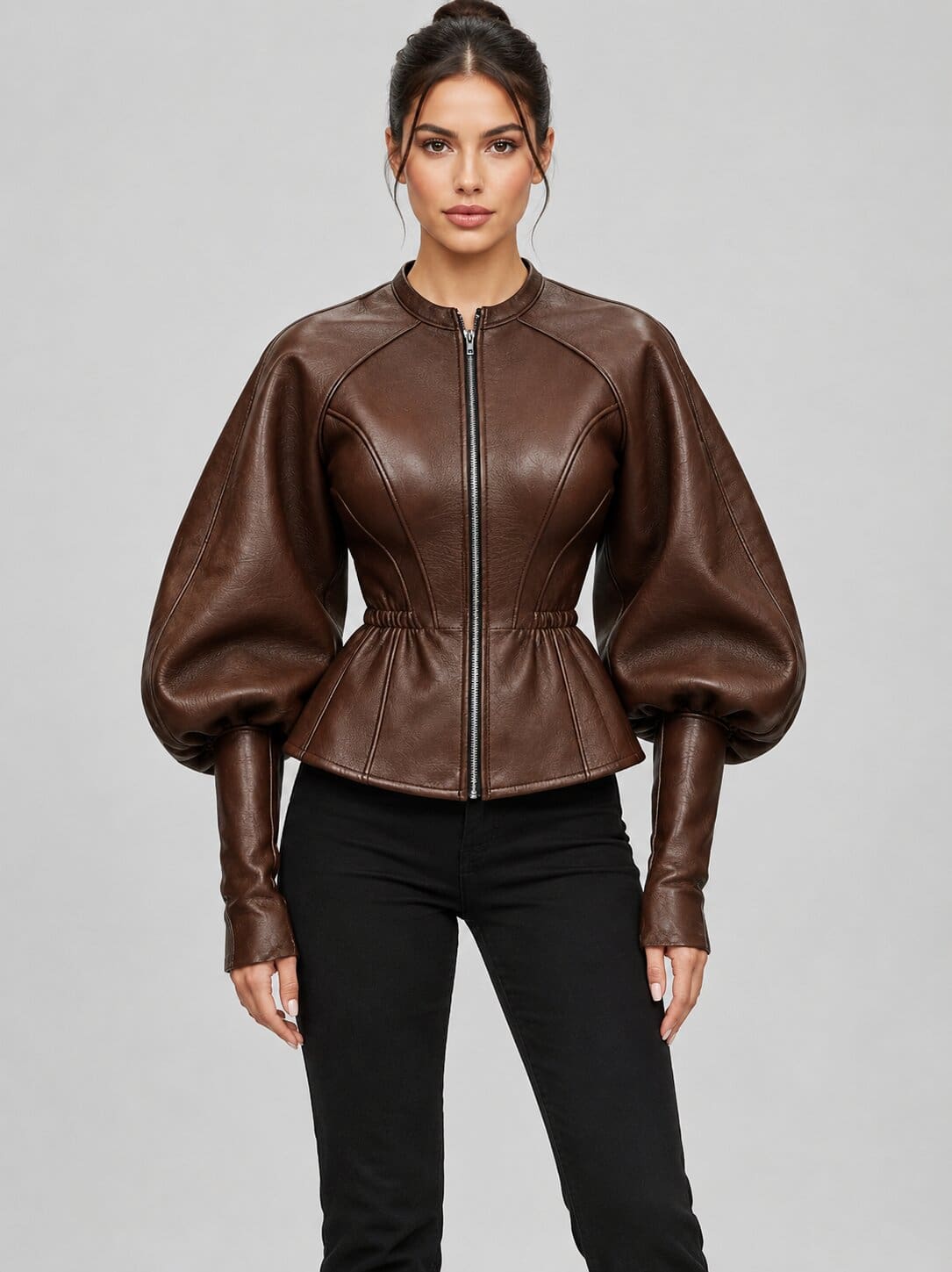 Women's Leather Peplum Jacket with Puff Sleeves front view  by avanzar leather