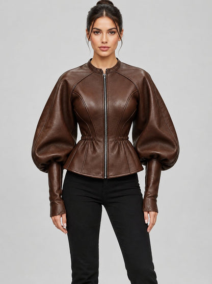 Women's Leather Peplum Jacket with Puff Sleeves front view  by avanzar leather
