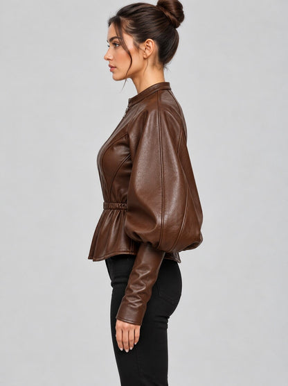 Women's Leather Peplum Jacket with Puff Sleeves sid view by avanzar leather