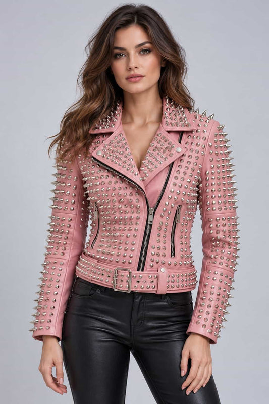 Women's Light Pink Spiked Leather Biker Jacket with Belt front view by avanzar leather