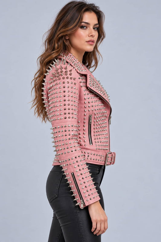 Women's Light Pink Spiked Leather Biker Jacket with Belt sid view by avanzar leather
