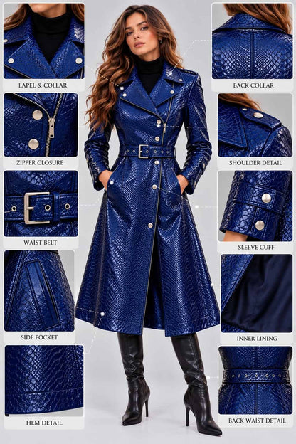 Women's Navy Blue Snake-Texture Leather Trench Coat with Belt anatomy view by avanzar leather
