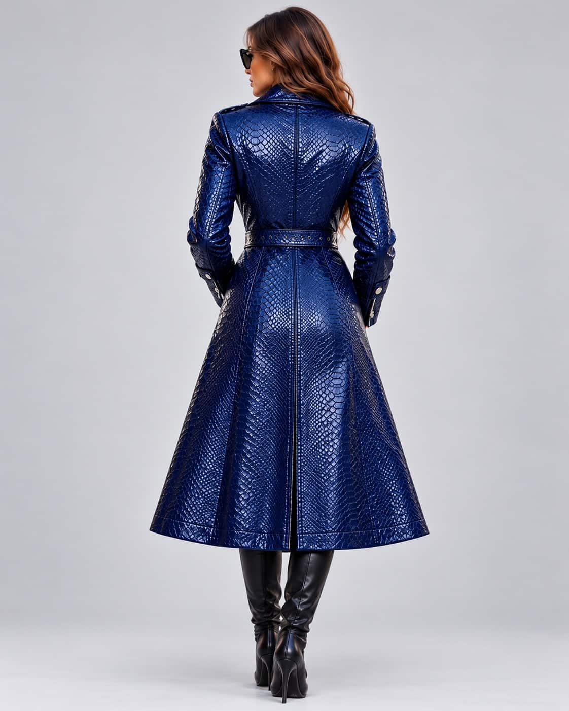 Women's Navy Blue Snake-Texture Leather Trench Coat with Belt back view by avanzar leather
