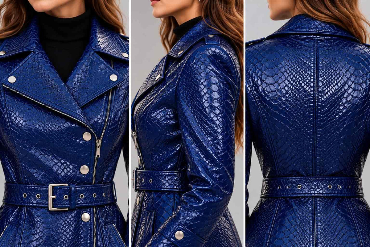 Women's Navy Blue Snake-Texture Leather Trench Coat with Belt closeup view by avanzar leather