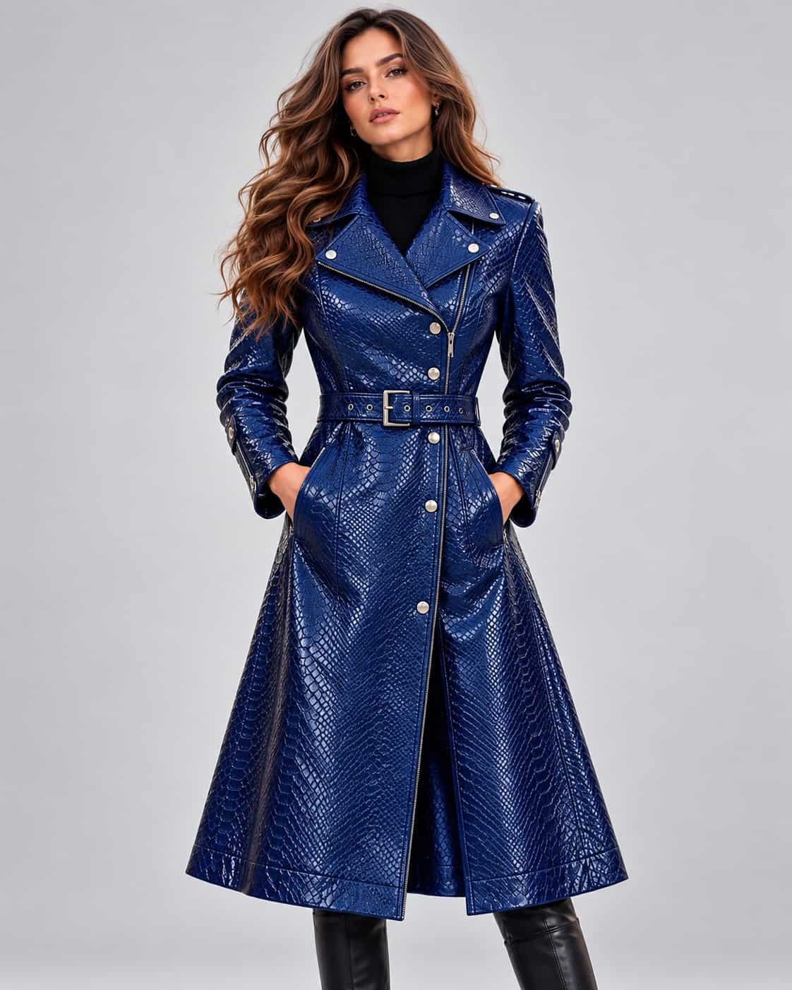 Women's Navy Blue Snake-Texture Leather Trench Coat with Belt front view by avanzar leather