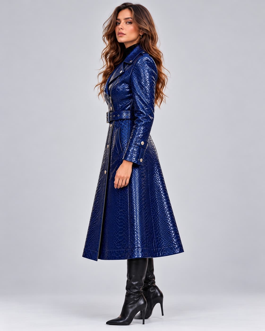 Women's Navy Blue Snake-Texture Leather Trench Coat with Belt sid view by avanzar leather