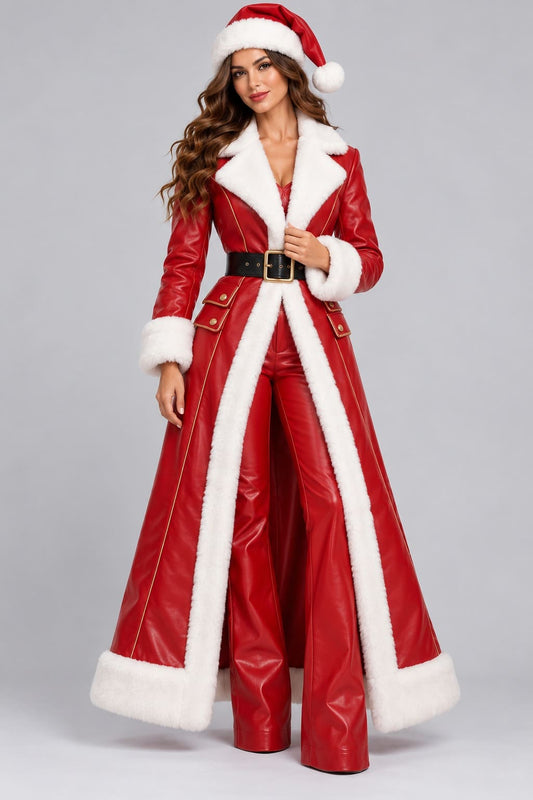 Women's Red Leather Santa Coat & Pants Set with Fur Trim front view by avanzar leather