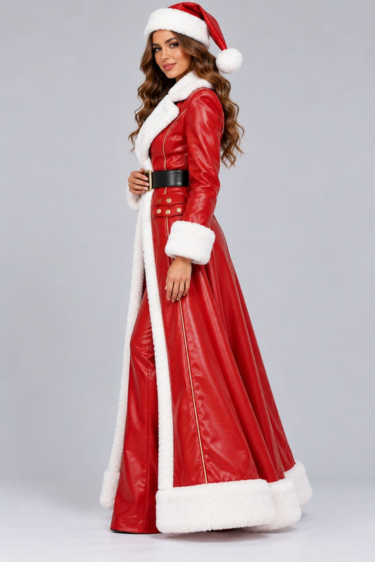 Women's Red Leather Santa Coat & Pants Set with Fur Trim sid view by avanzar leather
