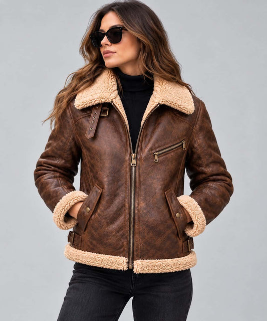 Women's Sheepskin Leather Aviator Jacket with Faux Fur Lining front view by avanzar leather